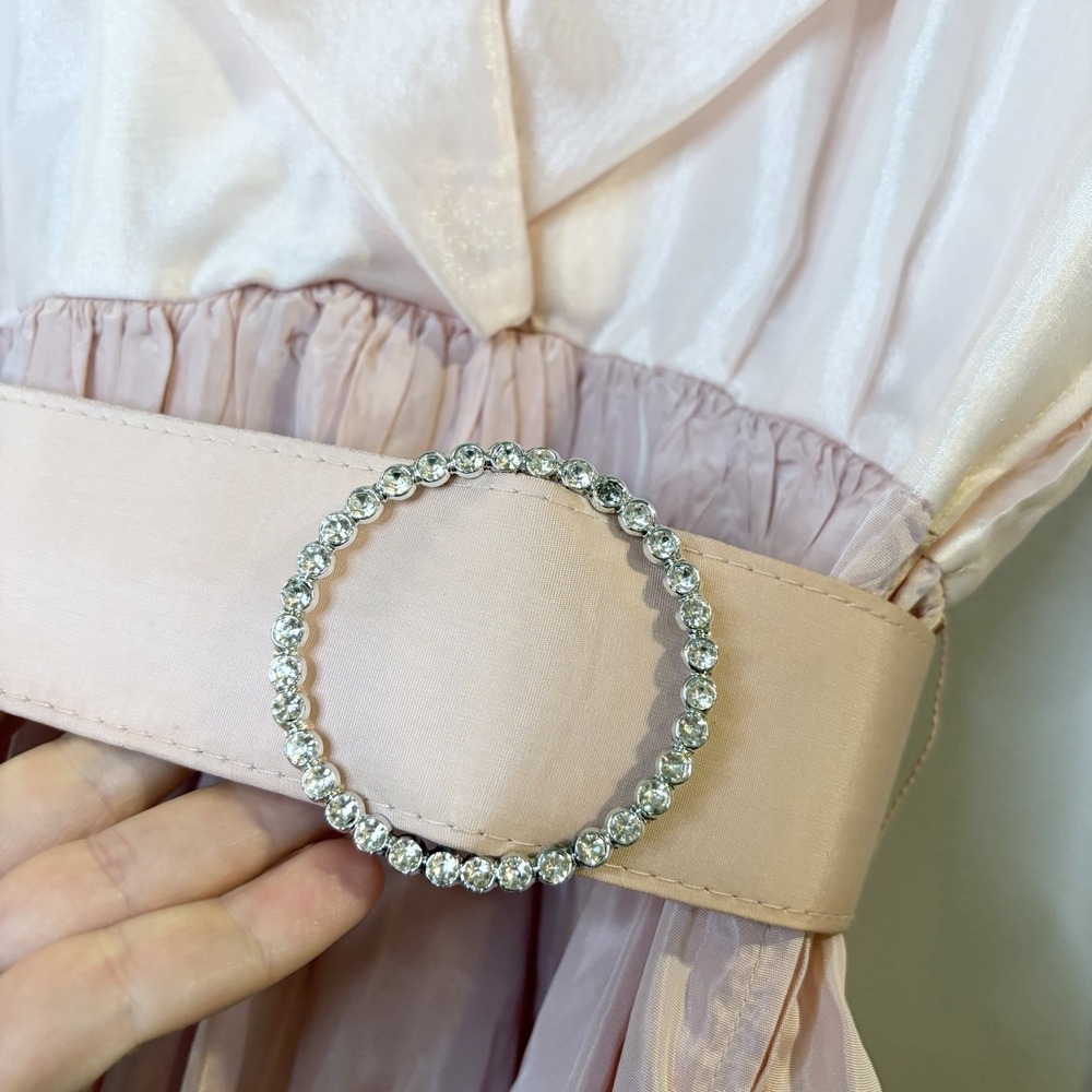 Vtg 80s Evening Chic Lola Berent Pink Taffeta Rhinestone Belt Formal Dress 9/10 - Picture 5 of 7